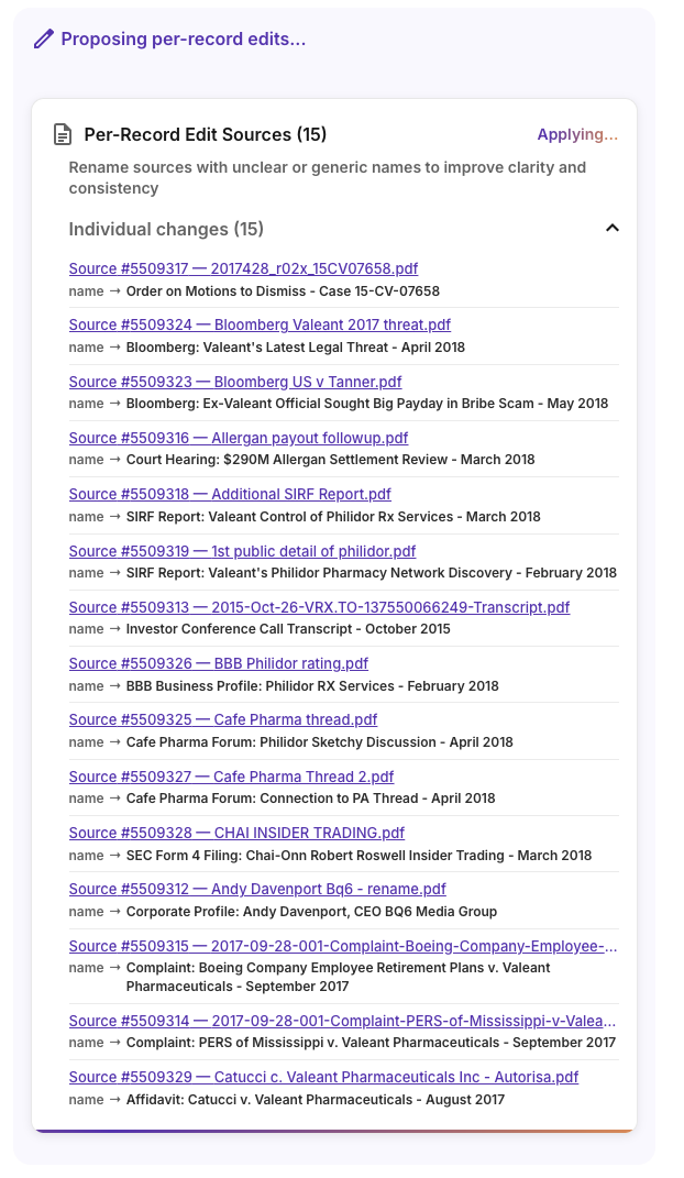 The Casefleet AI Assistant's per-record edit suggestions panel showing 15 proposed source renames, each individually visible before batch approval